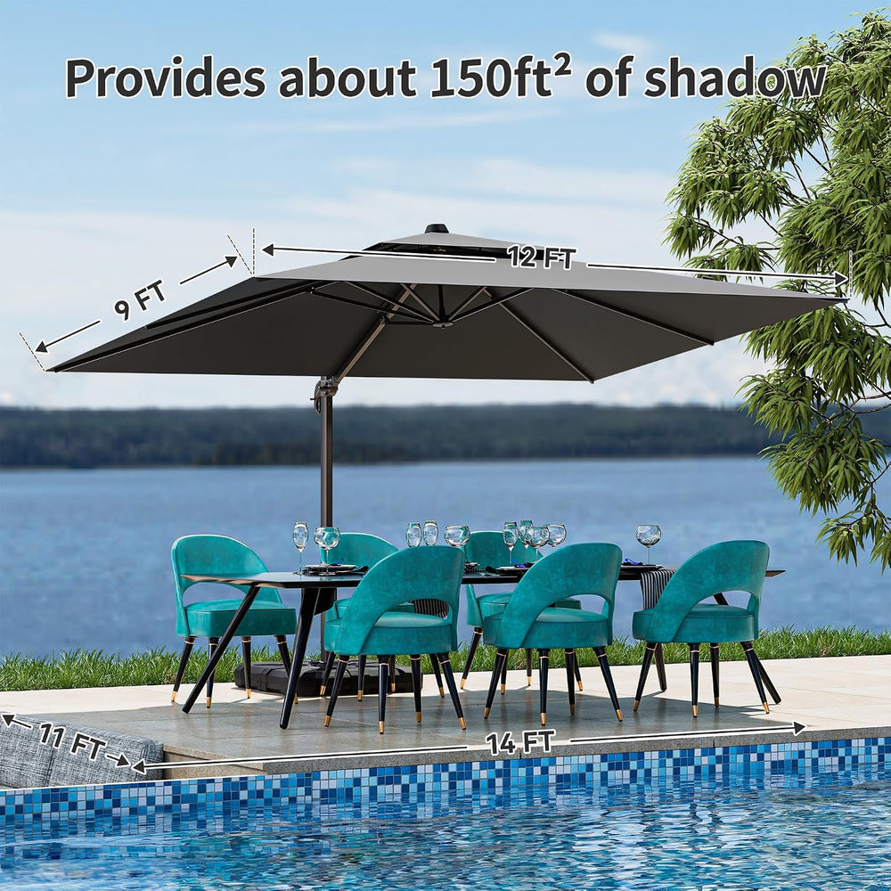 9x12FT Grey Cantilever Outdoor Patio Umbrella with Base, Large Rectangular Of...