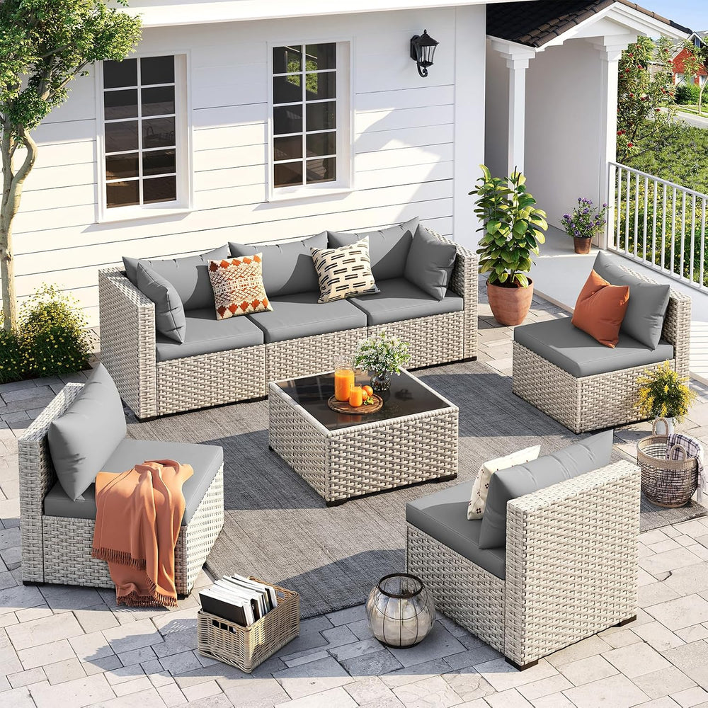 UDPATIO Outdoor Patio Furniture Set 7 Pcs Wicker Sectional Sofa Grey
