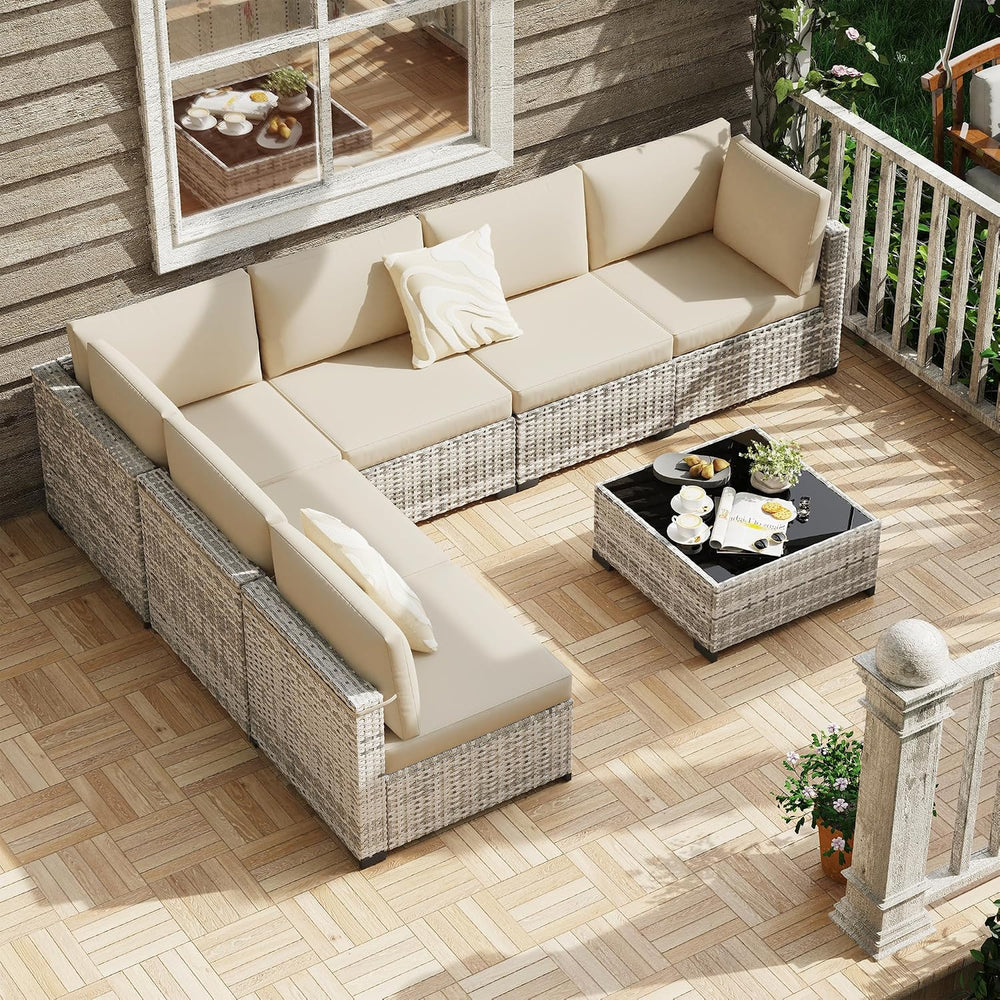 KIGOTY 7-Piece Patio Furniture Set, All-Weather PE Rattan Outdoor Sectional S...
