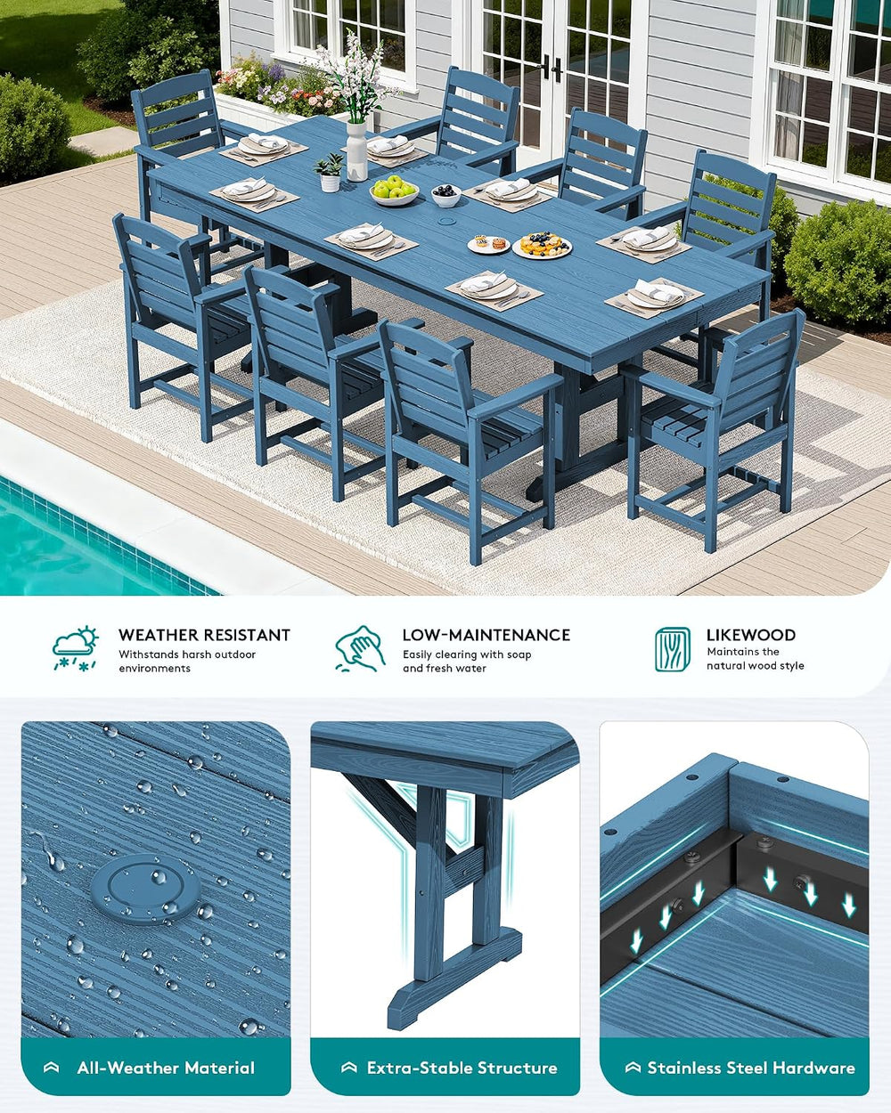 SERWALL 10Pcs 84" HDPE Outdoor Dining Set w/Armchairs & Umbrella,Blue