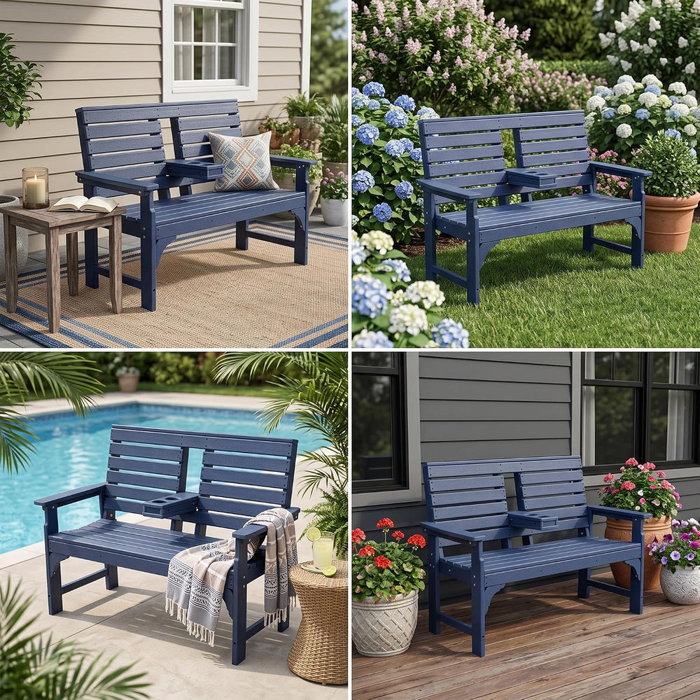 Outdoor Bench Weatherproof - HDPE 2-Person Garden Bench with Cup Holders, Ben...
