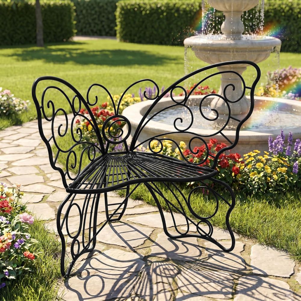 49 Inch Outdoor Butterfly Bench with Cast Iron Metal Frame, Black