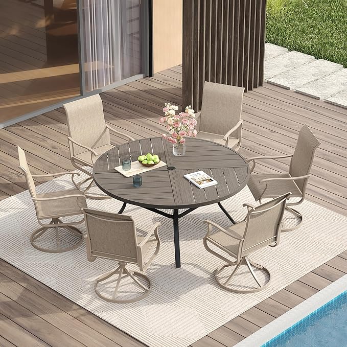 VICLLAX Round Patio Table with Adjustable Umbrella Hole for 6, All Weather Me...