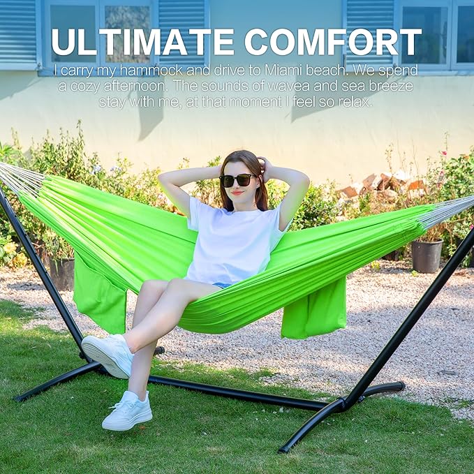 PNAEUT Double Hammocks with Stand for Outside, Portable Space Saving Heavy-Du...