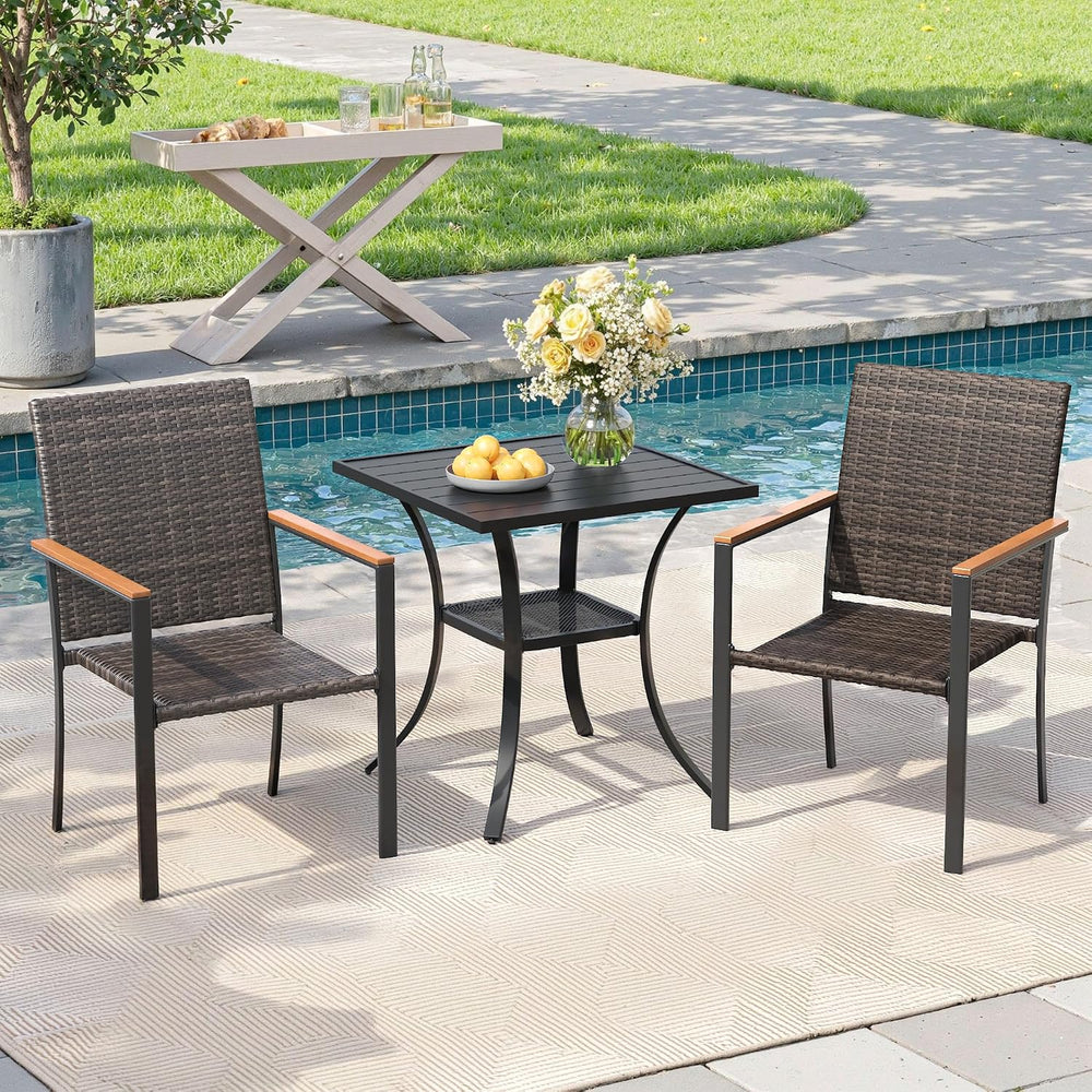 Small Patio Dining Set for 2, 27.5" Square Metal Table and Stackable Wic...