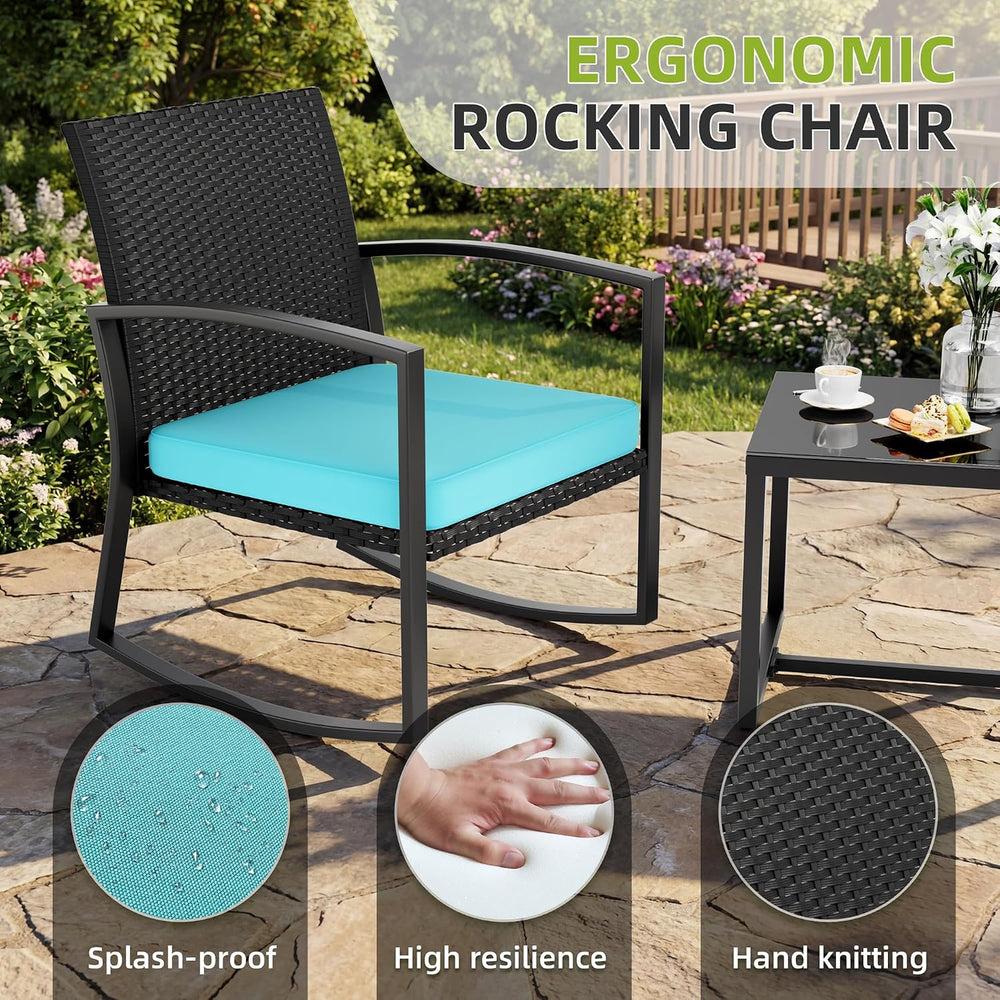 3 Pieces Outdoor Patio Set -Wicker Rattan Chair Conversation Set with Glass T...