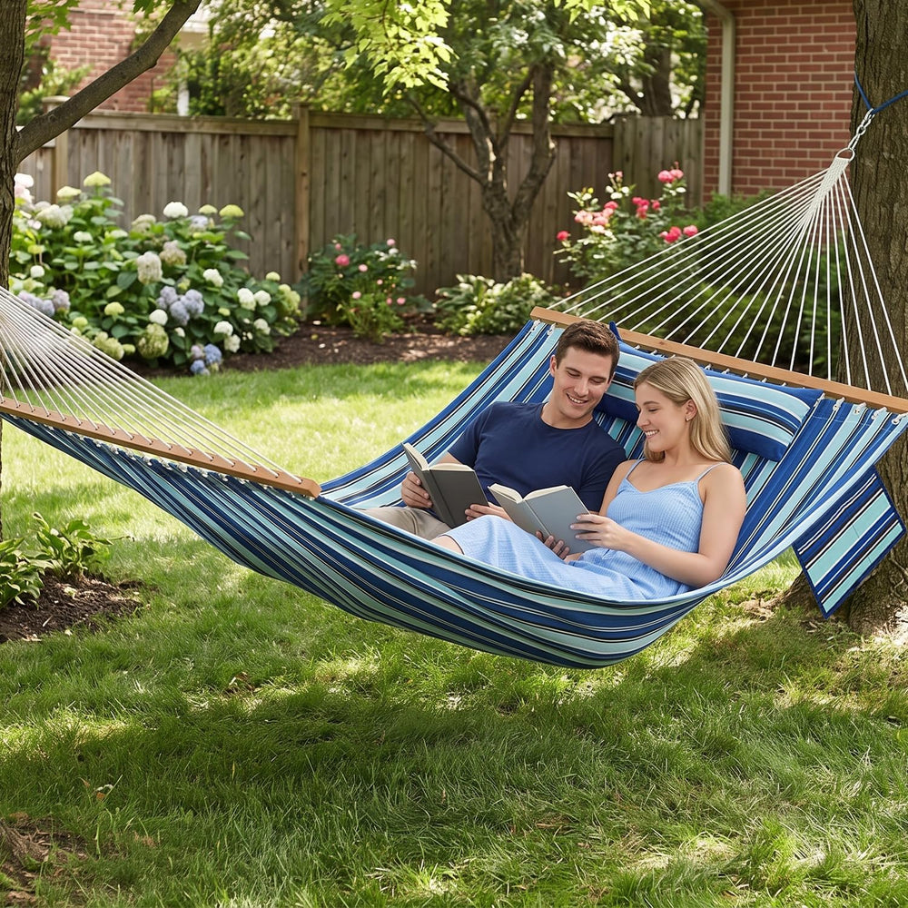GAFETE 12ft 2 Person Hammock for Outside with Hardwood Spreader Bar