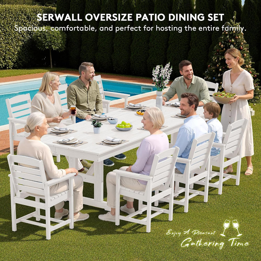 SERWALL 10Pcs 84" HDPE Outdoor Dining Set w/Armchairs & Umbrella,White
