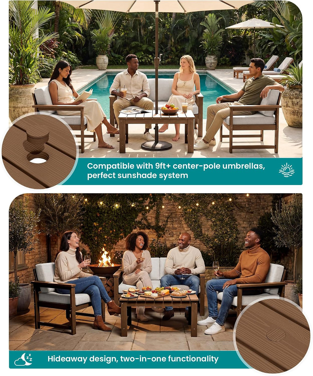 SERWALL 3 Pieces HDPE Outdoor Sofa Bistro Set with Cushions & Coffee Table