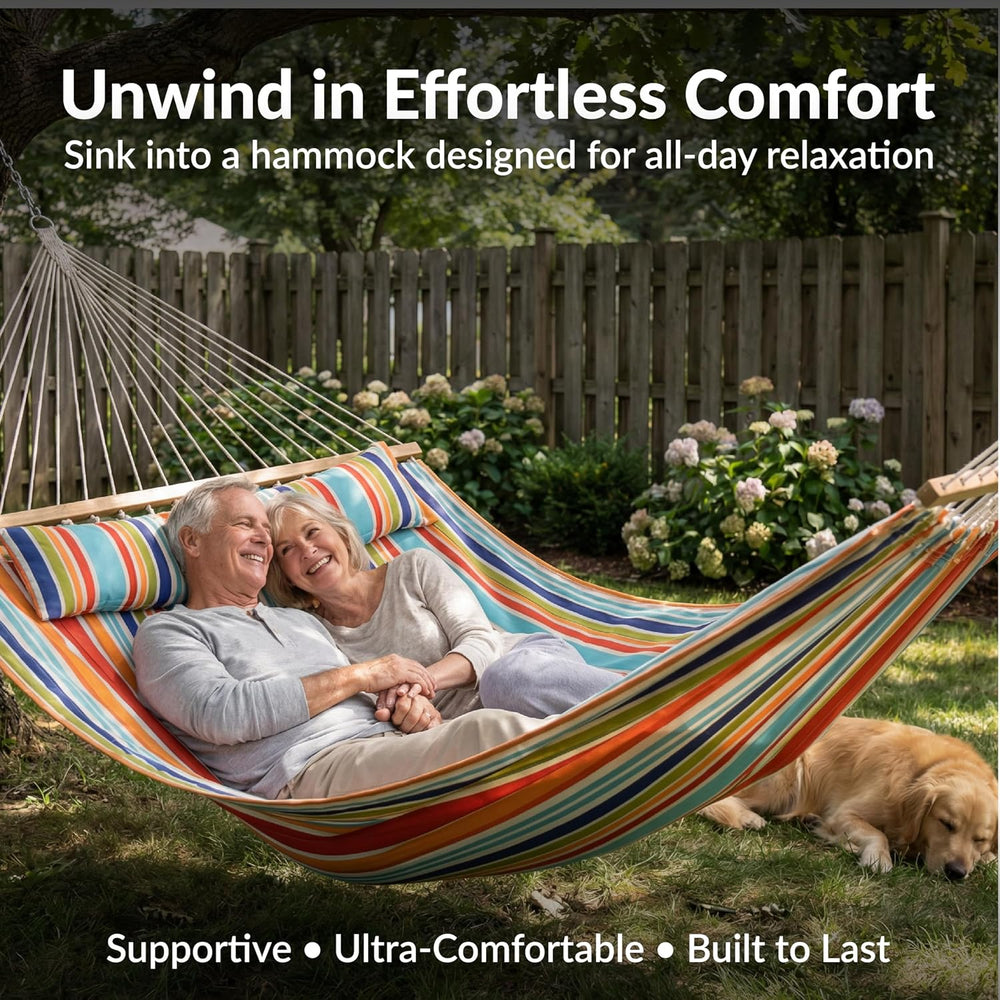 Sunnydaze Quilted Double Hammock for Outside with Pillow, Caribbean Stripe