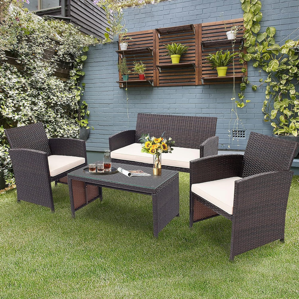 DORTALA 4 Pieces Wicker Patio Furniture Set, Outdoor PE Rattan Conversation S...