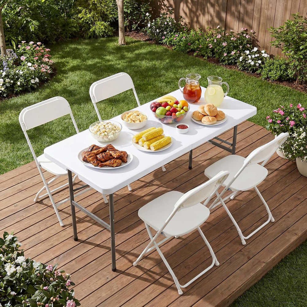 Sweetcrispy 4 FT Folding Picnic Table, with 4 White Folding Chairs