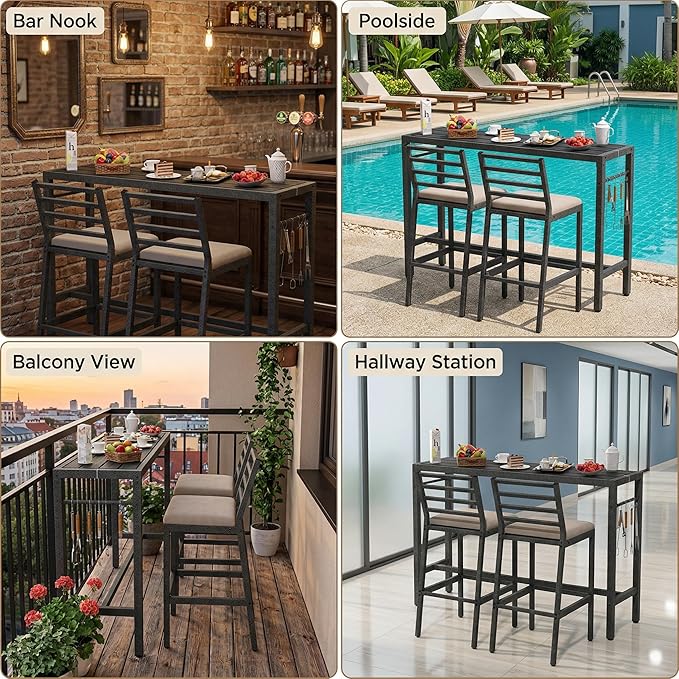 3Pcs Outdoor Patio Bar Set, 55" Rectangular High Top Table and Chairs Se...