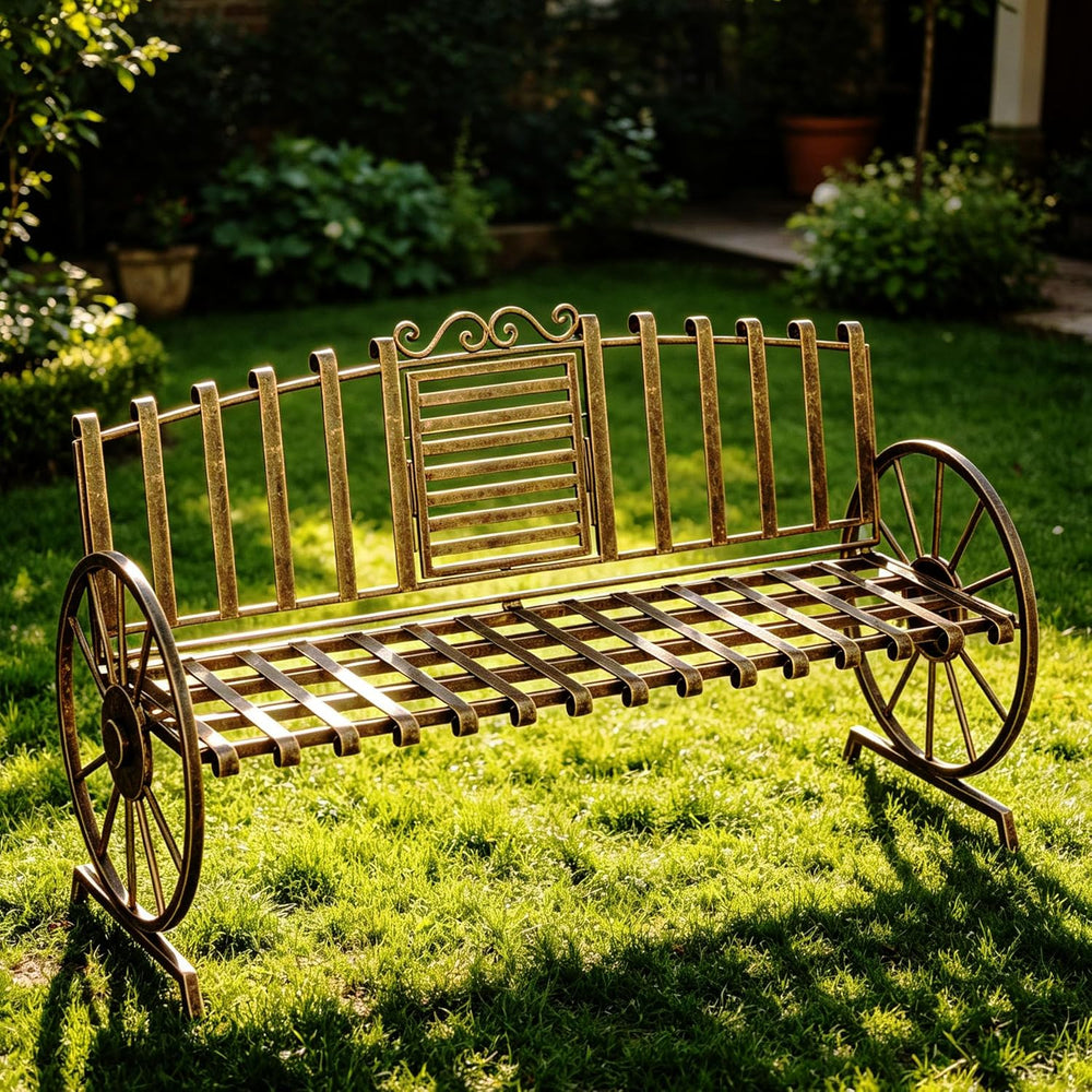 Outdoor Bench Patio Outdoor Garden Bench with Built-in Table, Wagon Wheel Arm...