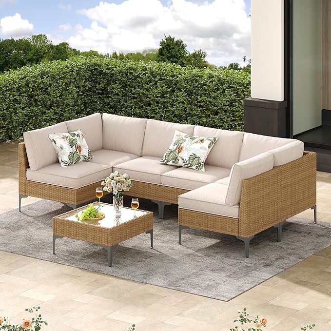 Jing's Villa 7-Piece Outdoor Patio Furniture Set,Ratten Conversation Sect...