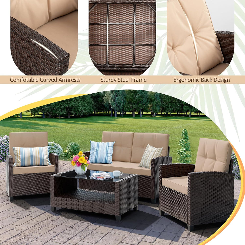 Shintenchi 4 Piece Patio Furniture Set, Outdoor Rattan Conversation Set with ...