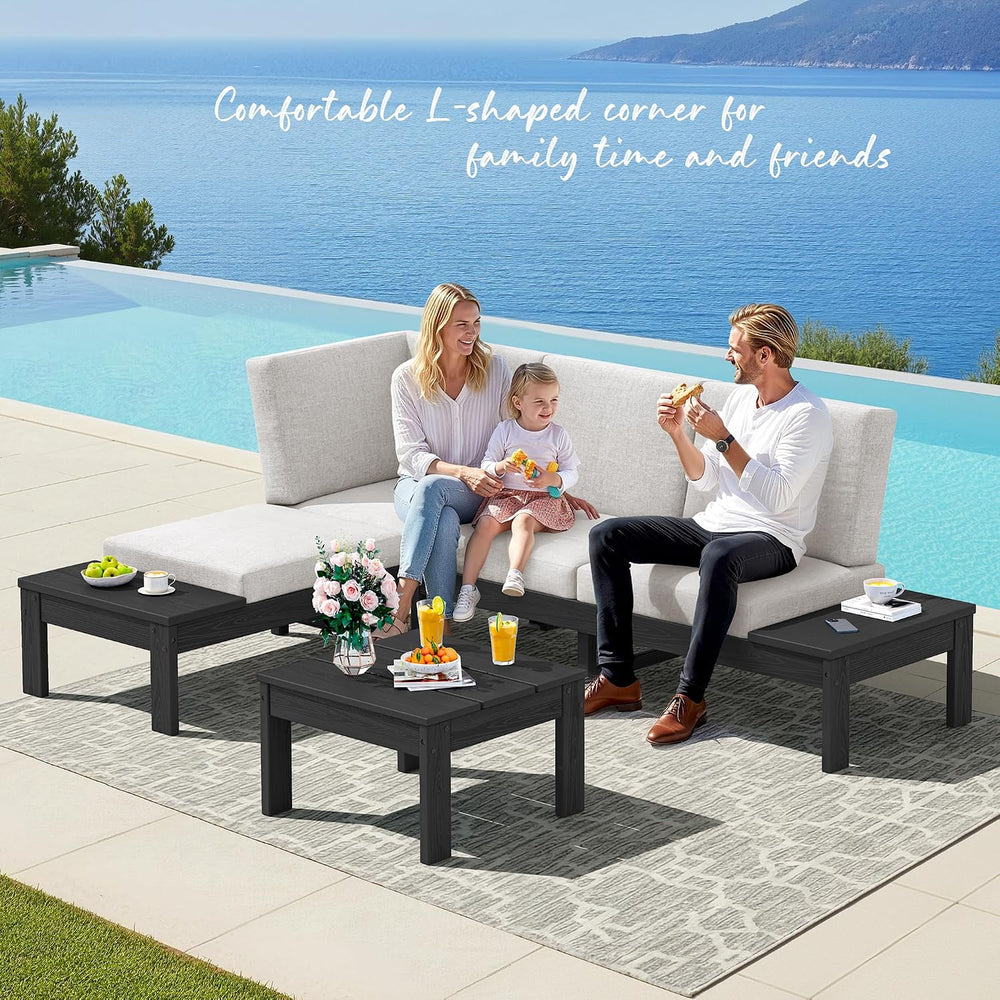 SERWALL HDPE Outdoor Furniture Set, 4 Seats Outdoor Sectional with Coffee Tab...