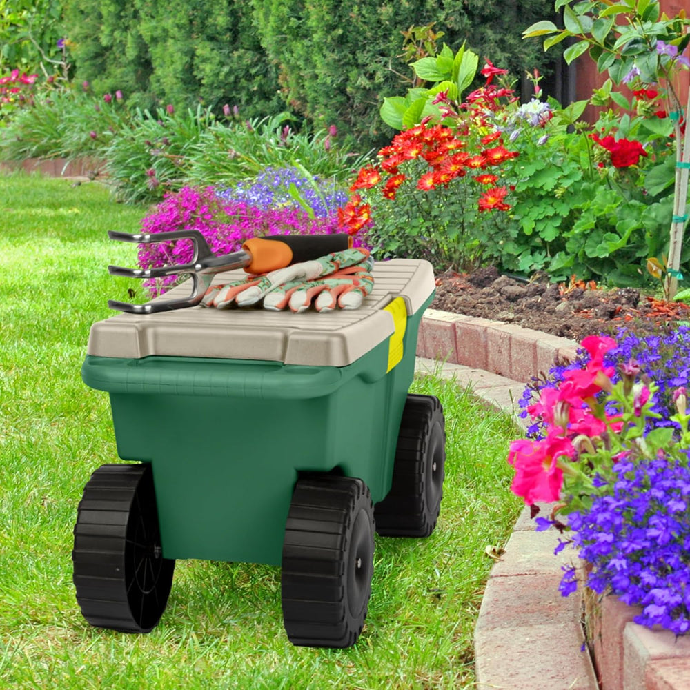 Rolling Garden Cart with Seat - Plastic Storage with Bench and Interior Tool ...