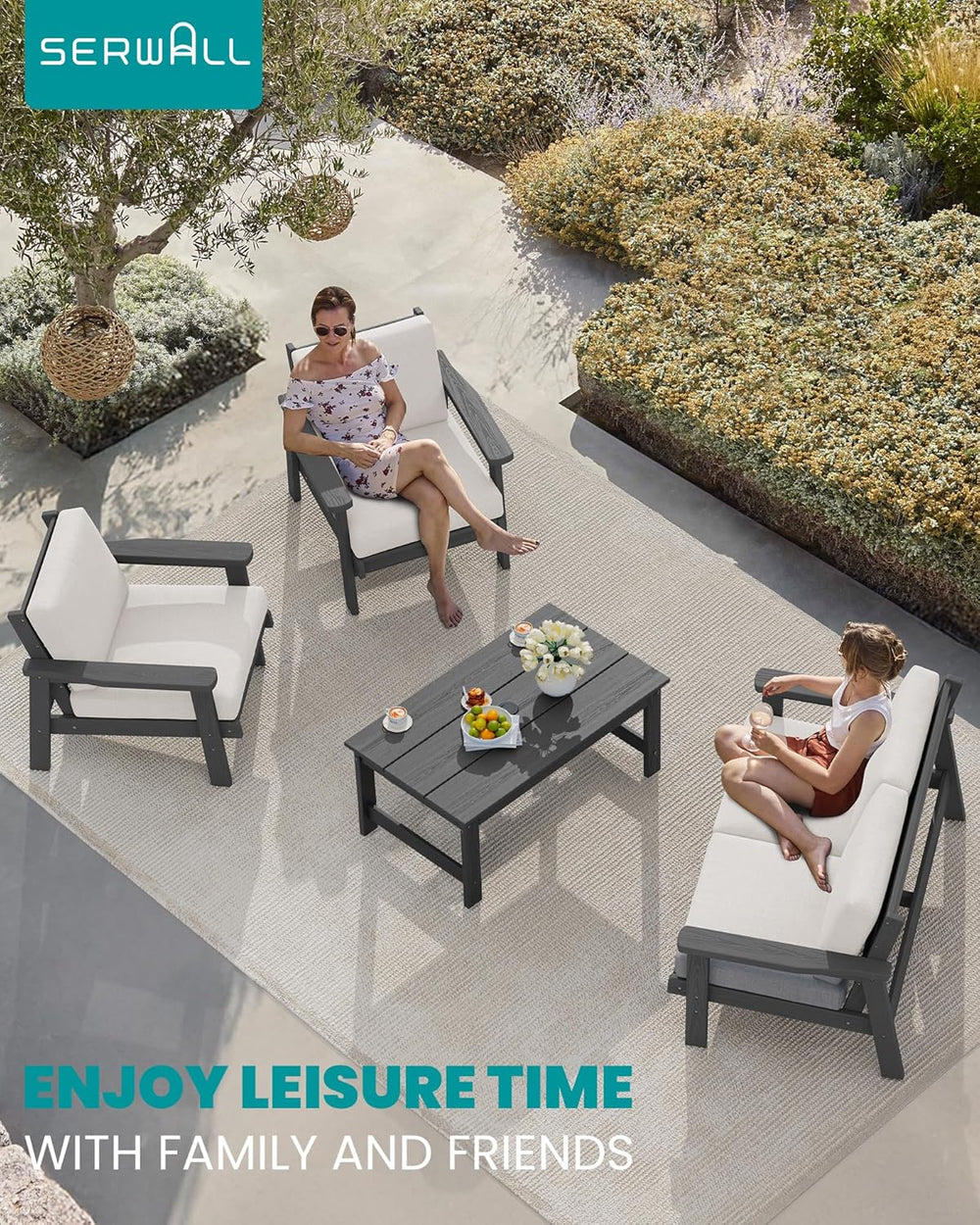 SERWALL 4 Piece HDPE Outdoor Furniture Set, All Weather Outdoor Sofa Couch