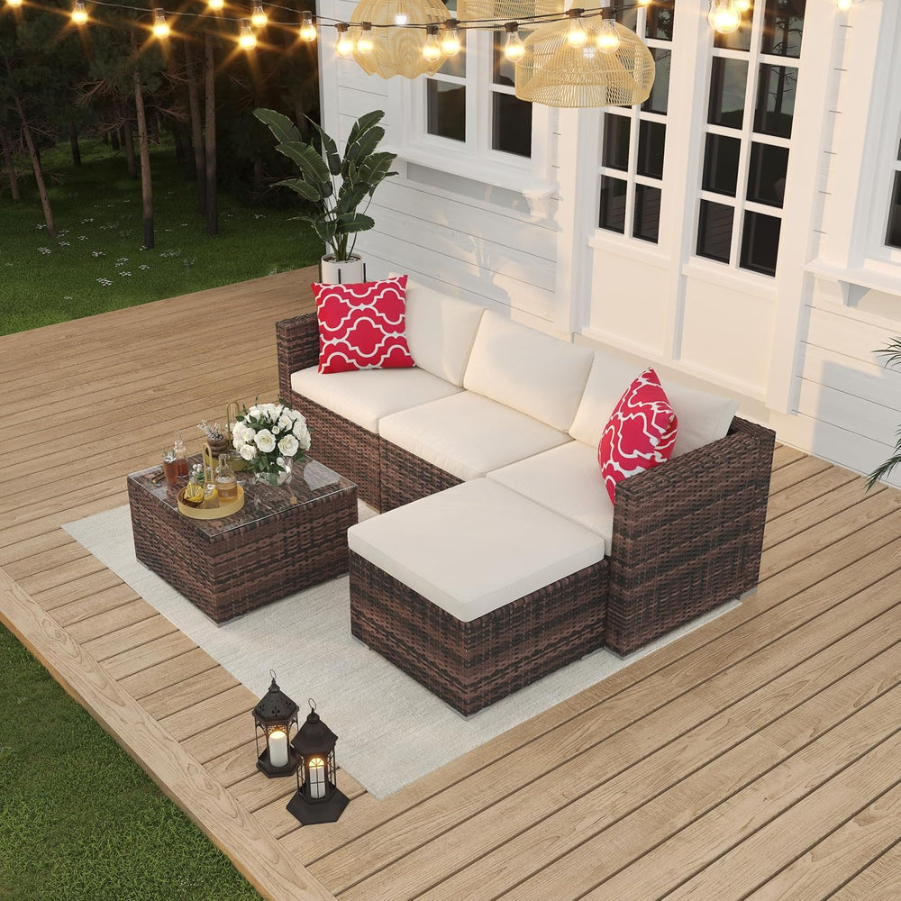 Outdoor Patio Furniture Set, 5 Pieces All-Weather Wicker Sectional Conversati...