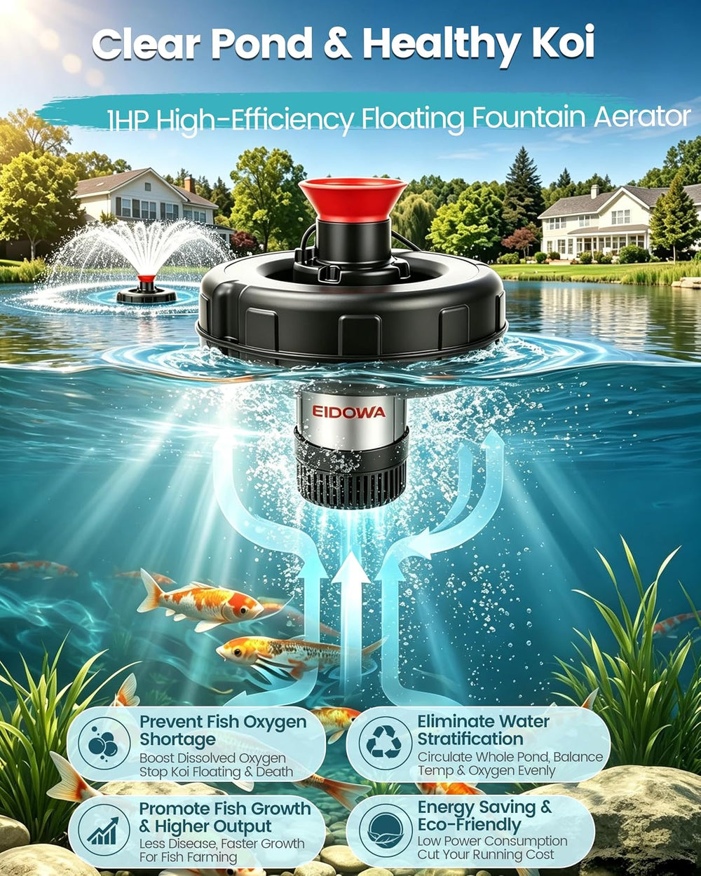 1HP Floating Pond Fountain Aerator, 15000GPH, 110V, Red | 304 Stainless Steel...