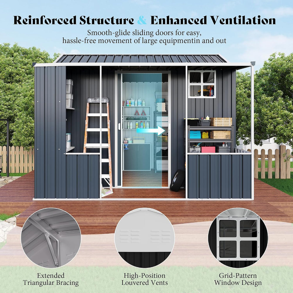 VanAcc 9x9x7 FT Metal Shed with Dual Storage Zone and Work Area