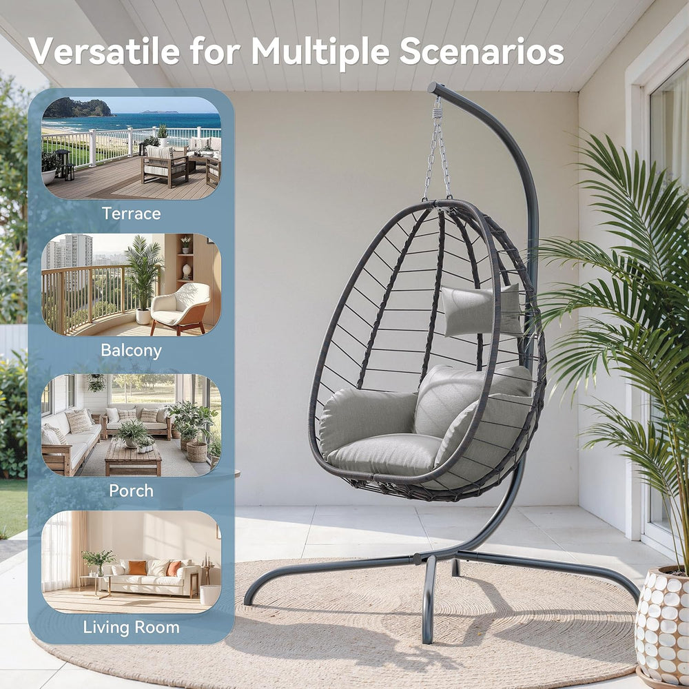 Foldable Egg Chair with Stand, 485LBS Capacity Wicker Rattan Hammock Swing Ch...