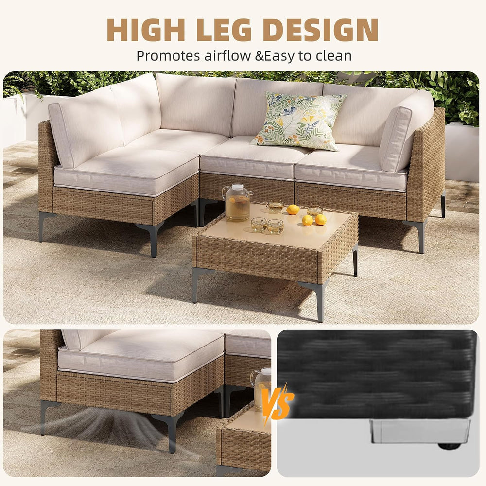 5-Piece Patio Furniture Set, Outdoor Wicker Sectional Sofa with Coffee Table,...