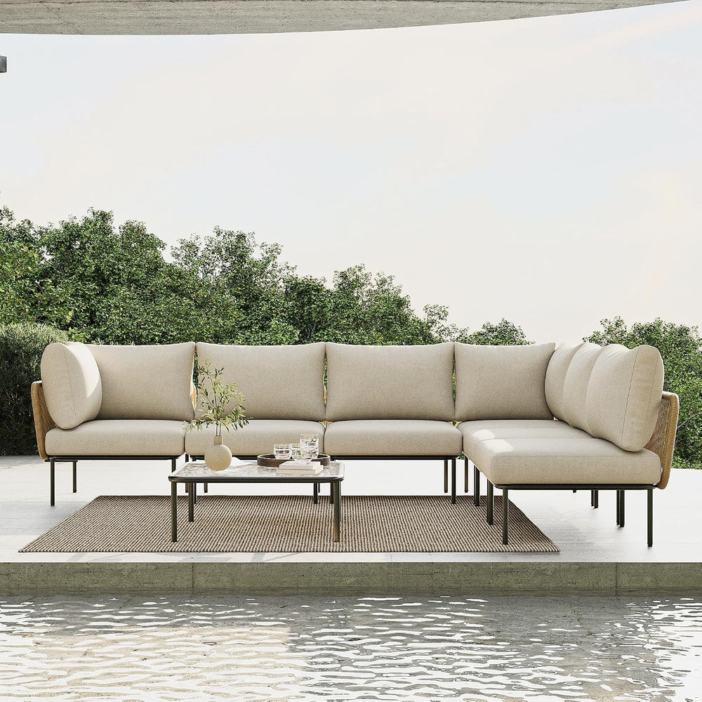 7 Piece Modern Outdoor Rope Wicker Sectional Set, Patio L-Shaped Conversation...