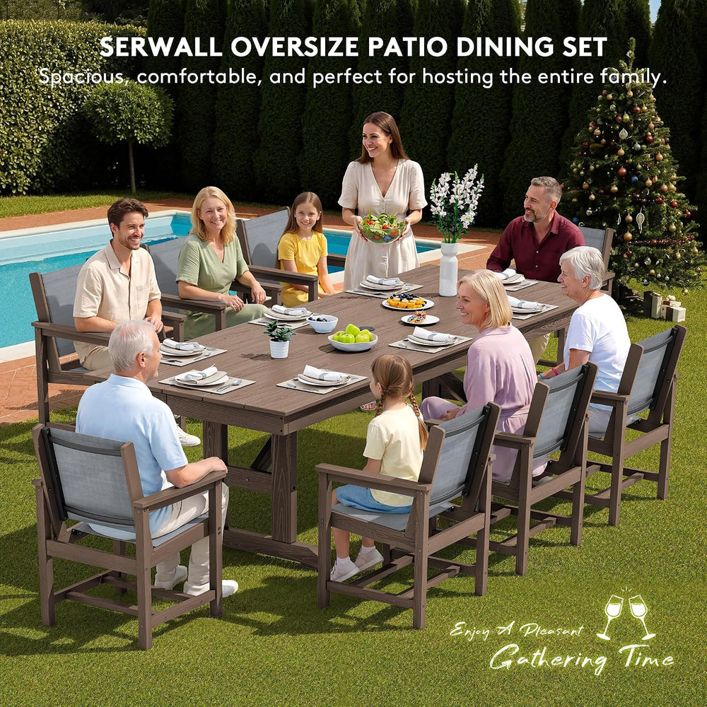 SERWALL 9Pcs HDPE Outdoor Dining Set for 8 with Sling Chairs, Brown