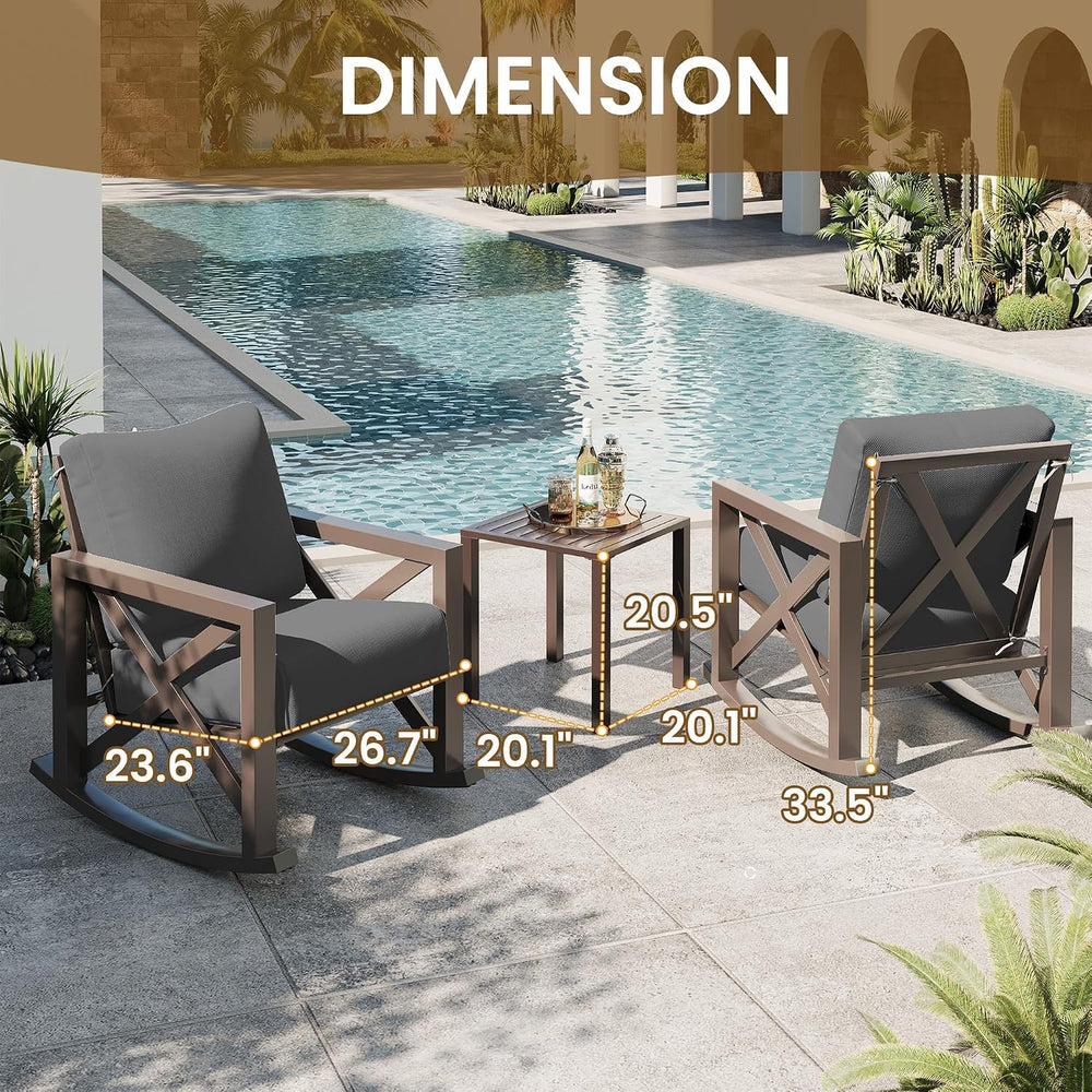 UDPATIO Rocking Chair Outdoor Oversized Metal Bistro Set 6.5" Cushion Grey