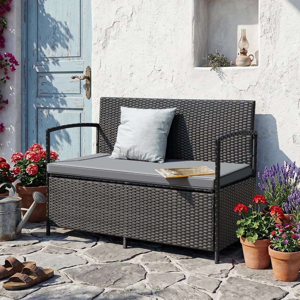 Flamaker Patio Loveseat Wicker Outdoor Furniture Storage Bench, Black