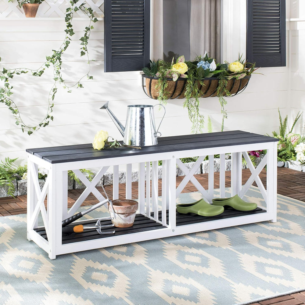 SAFAVIEH Outdoor - Branco Storage Bench - Dark Slate Grey & White Solid A...