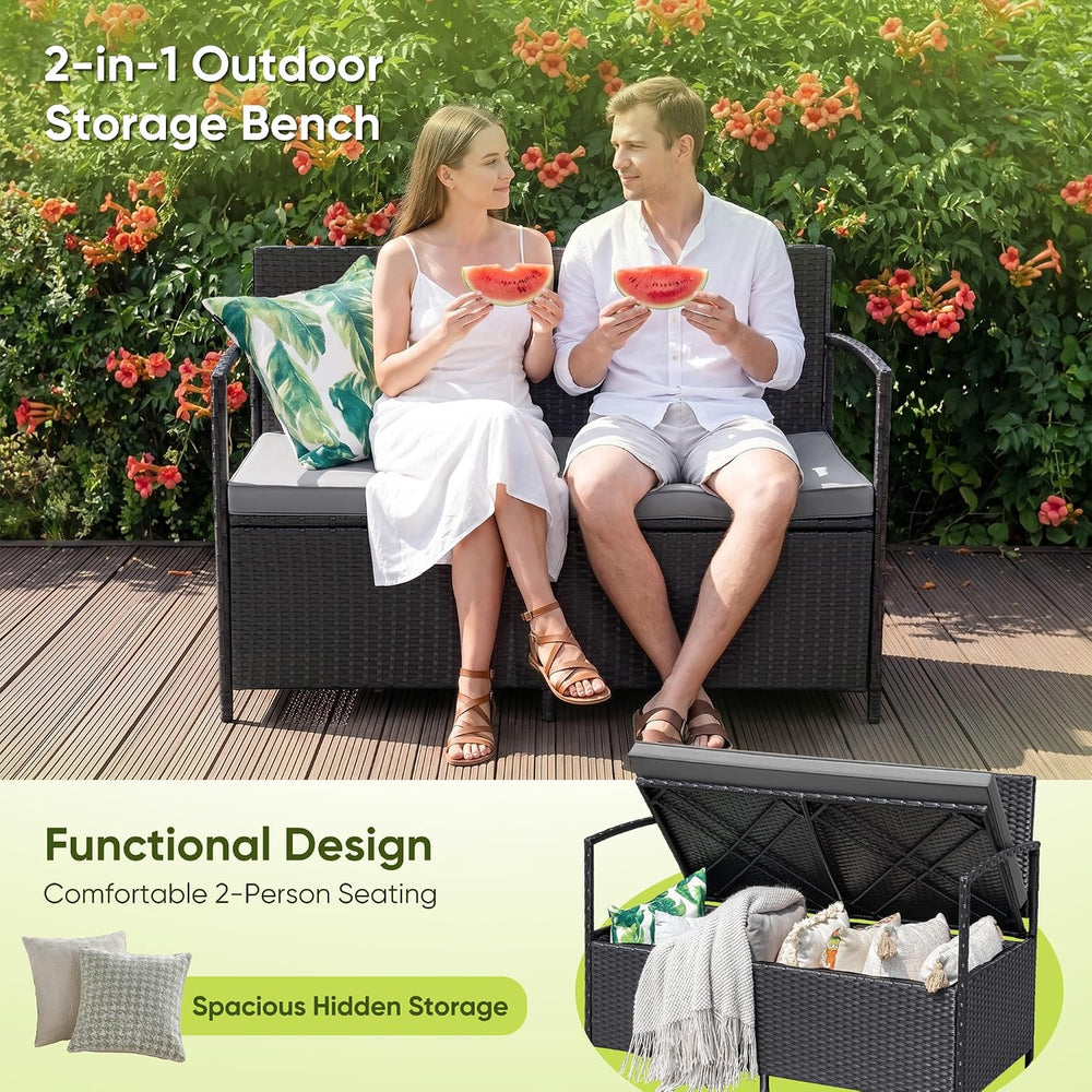 Flamaker Patio Loveseat Wicker Outdoor Furniture Storage Bench, Black