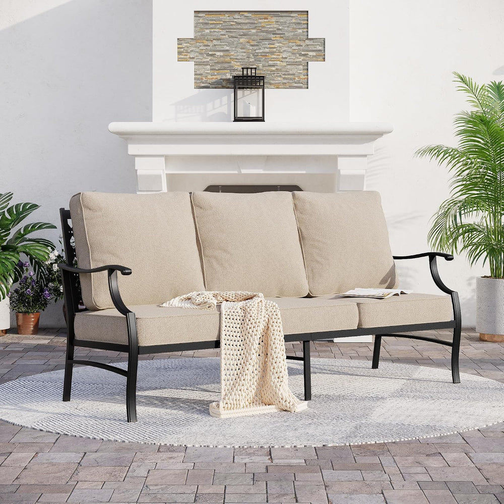 3-Seat Outdoor Patio Sofa, Metal Frame, Beige