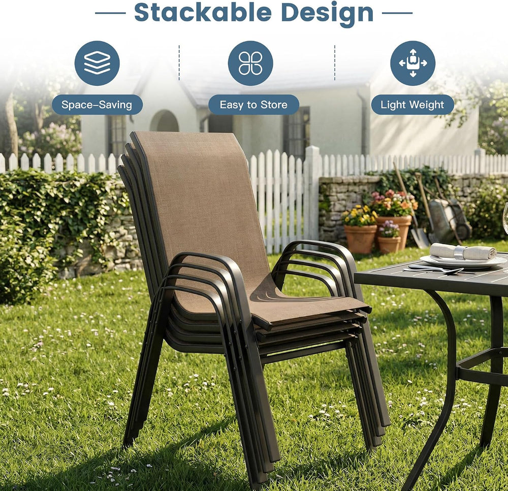 DIFY 7 Piece Outdoor Dining Set, Metal Table & Brown Textilene Chairs