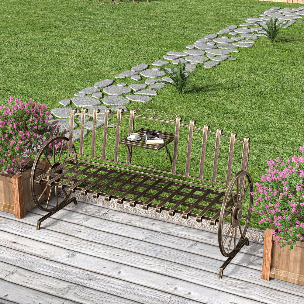 Outdoor Bench Patio Outdoor Garden Bench with Built-in Table, Wagon Wheel Arm...
