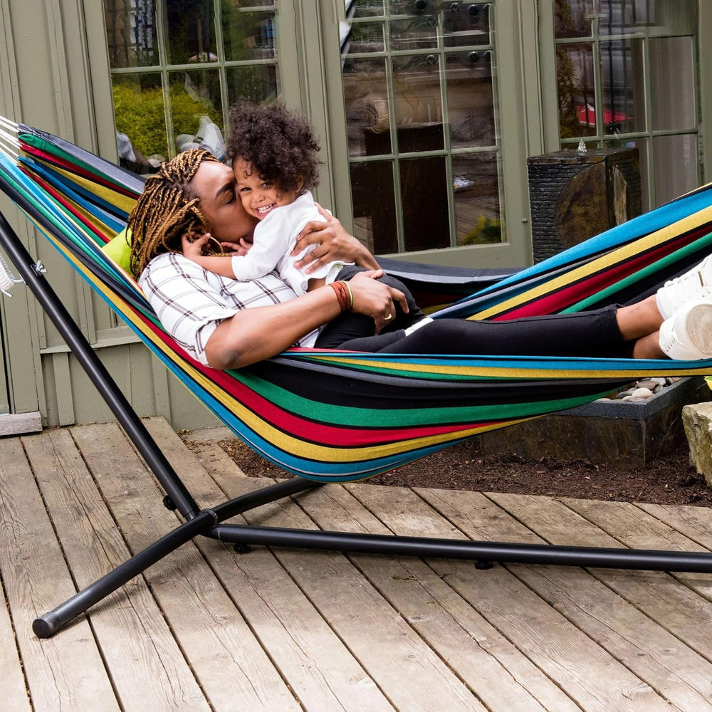 Vivere Double Cotton Hammock with Space Saving Steel Stand, Upgraded Polyeste...