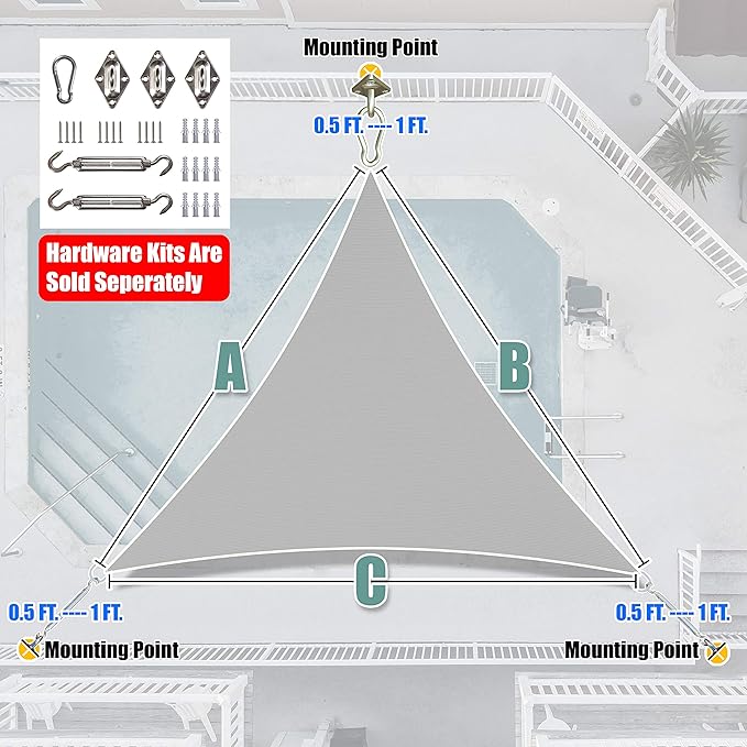 Amgo 24' x 24' x 24' Grey Triangle Sun Shade Sail UPF50+ Canopy A...