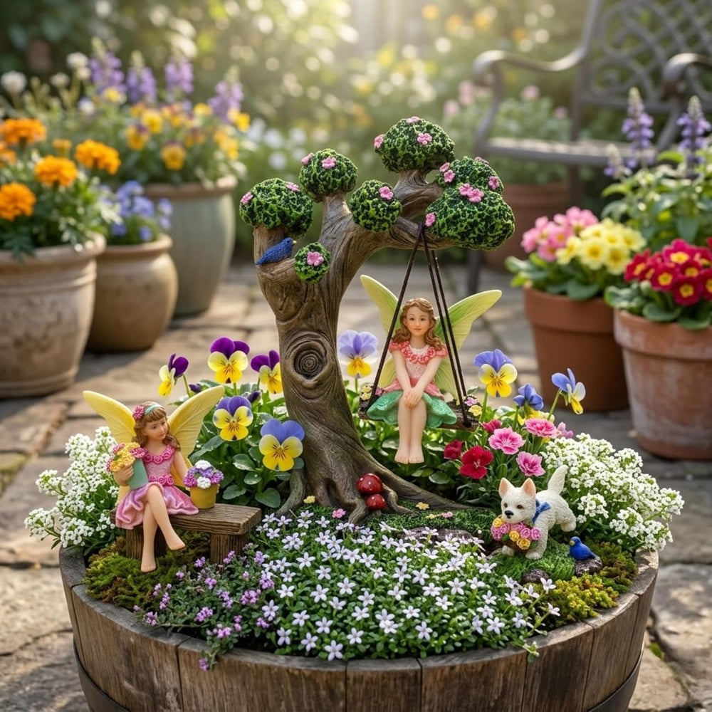 Fairies for Fairy Garden - 4 Piece Set with Tree Swing | Hand-painted resin; ...