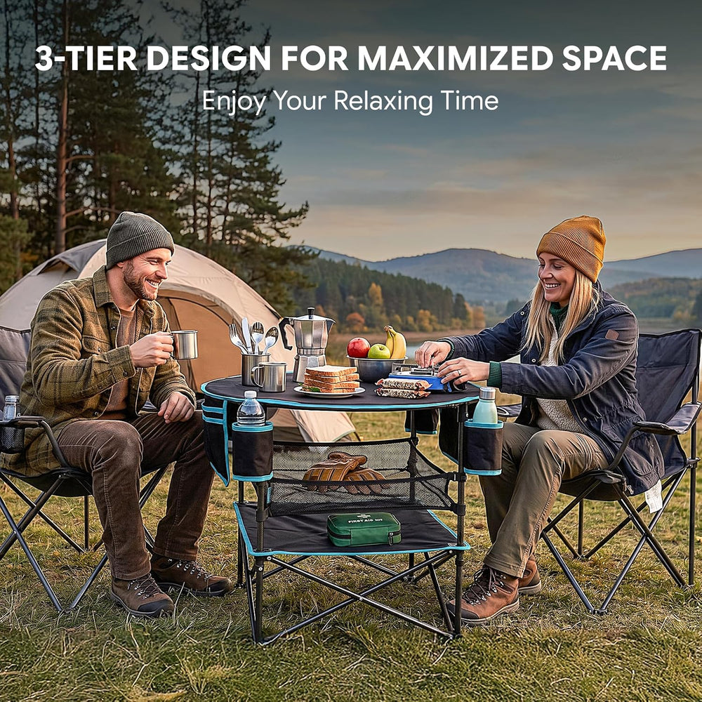 FUNDANGO Foldable Camping Table, 3-Tier Removable Mesh Shelf, 4 Cup Holders