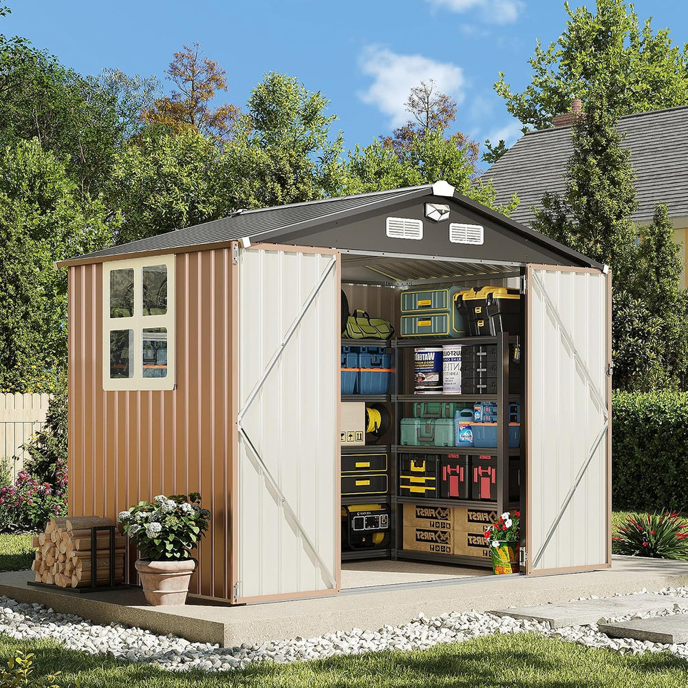 8x6FT Outdoor Storage Shed, Tool Shed with Sloping Roof and Lockable Door, Ga...