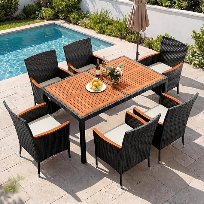 Devoko Dining 7 PCS Furniture, Patio Conversation Set with Acacia Wood Table ...