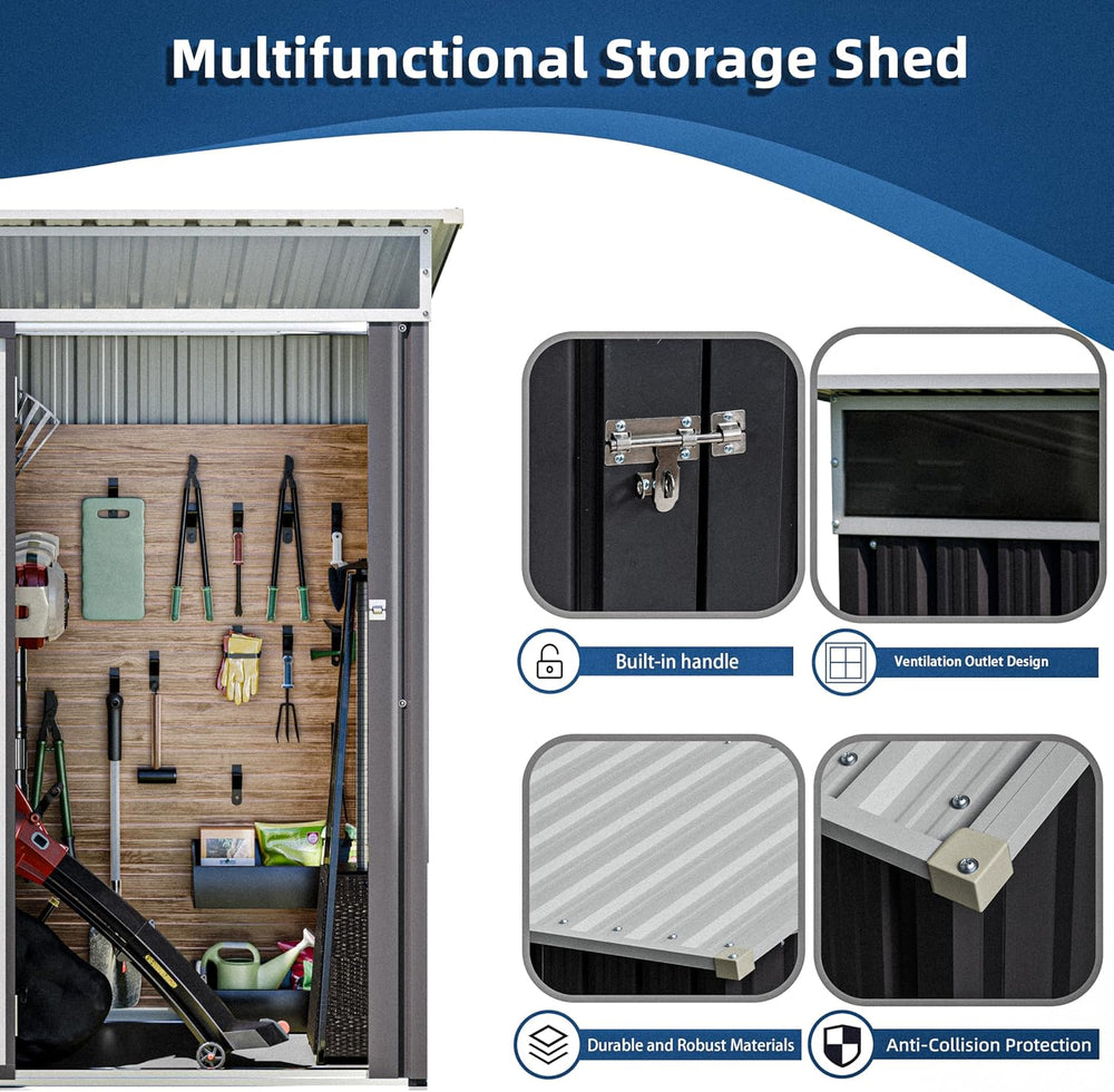 JY QAQA 5x3 FT Outdoor Garden Storage Shed, Waterproof Metal Garden Sheds wit...