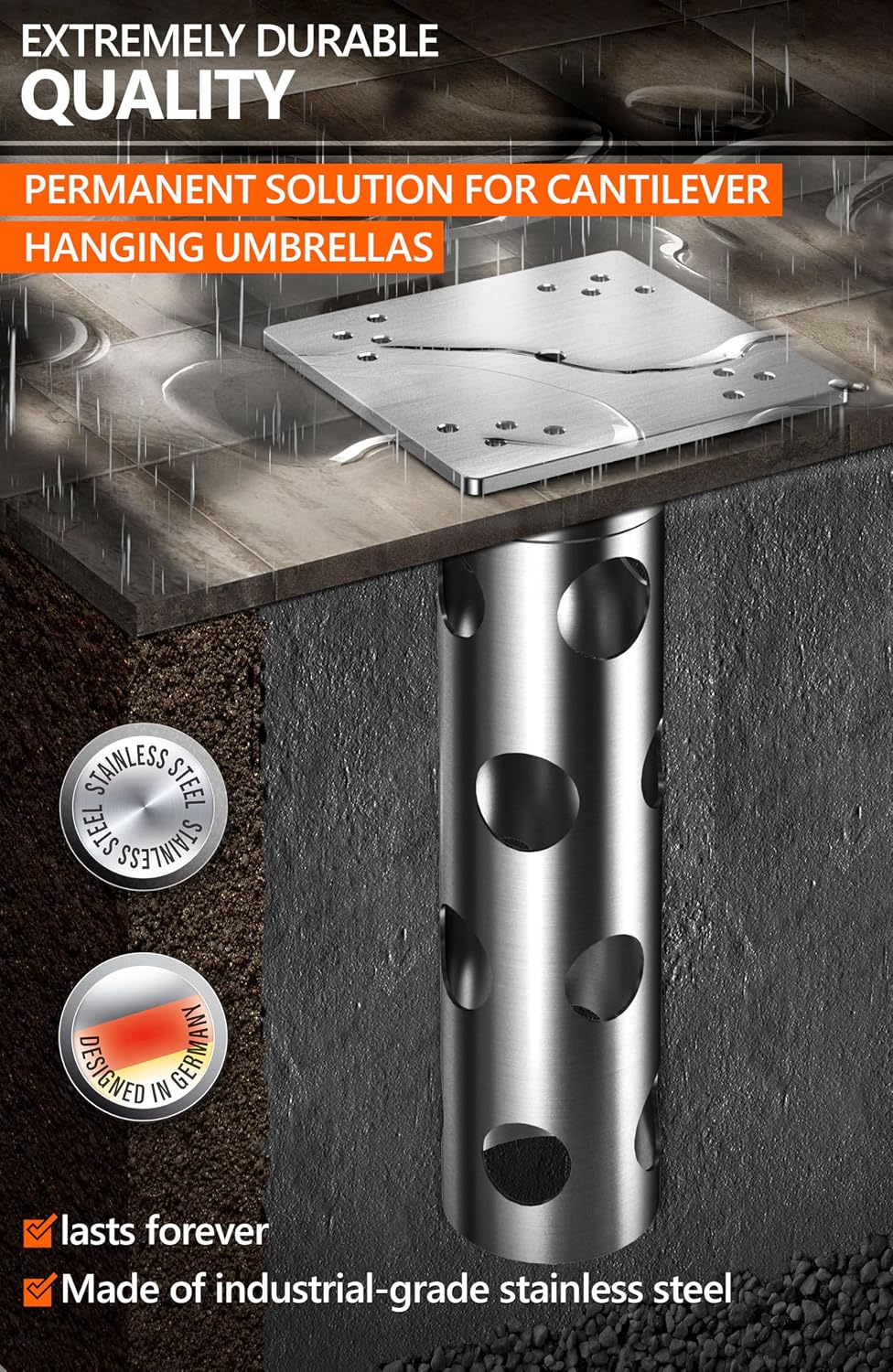 4smile In-ground umbrella base, stainless steel - In-ground umbrella holder, ...