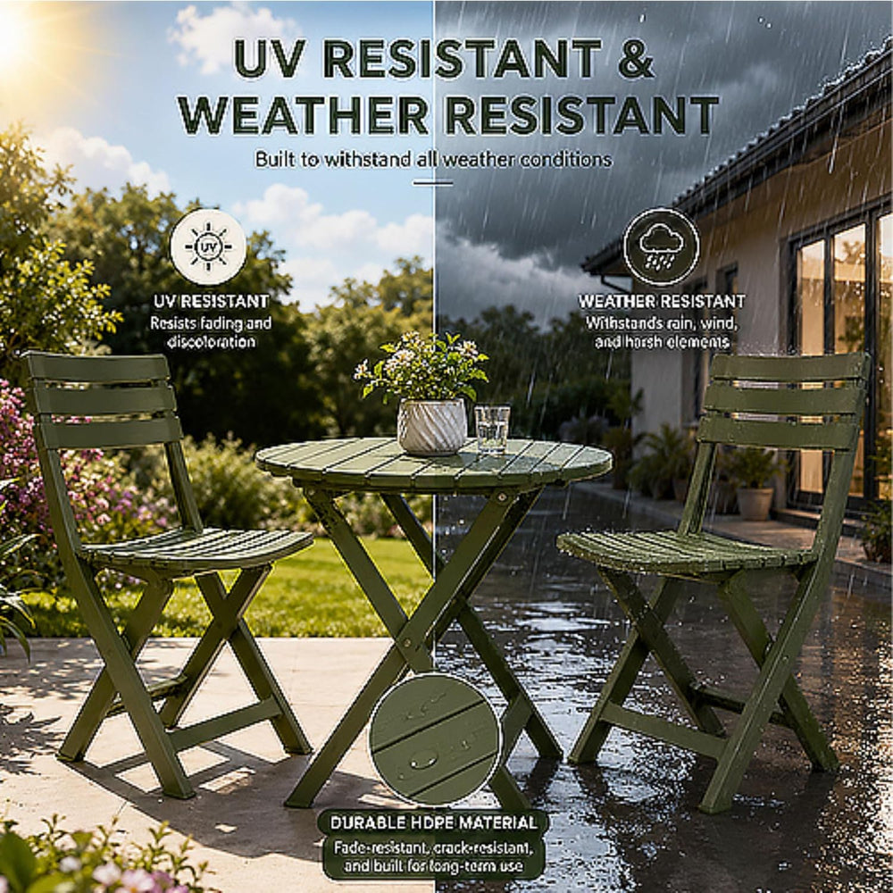 3 Piece Outdoor Bistro Set, Round Folding Patio Table and 2 Chairs, Green