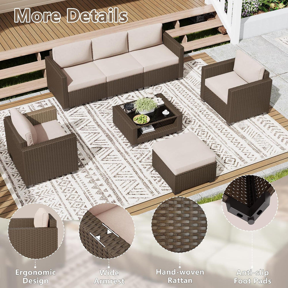 LOUVIXA 7 Piece Outdoor Patio Furniture Set, Rattan Chairs Glass Table Wicker...