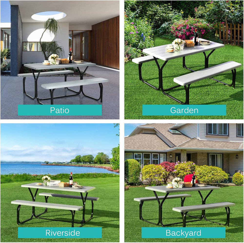 GYMAX Picnic Table, Picnic Bench Easy to Assemble w/All Weather Wood Grain Ta...