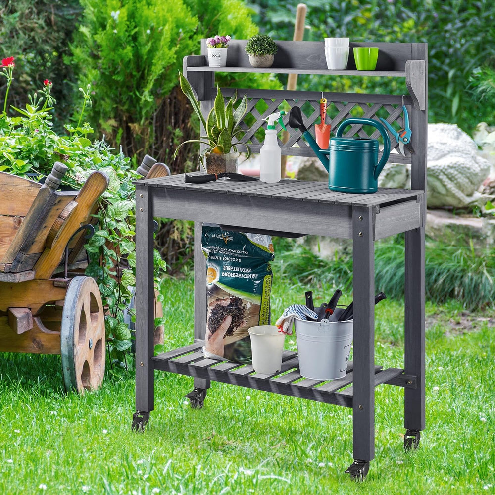 Yaheetech Outdoor Potting Bench with Sink, Garden Table, Lower Shelf,Gray
