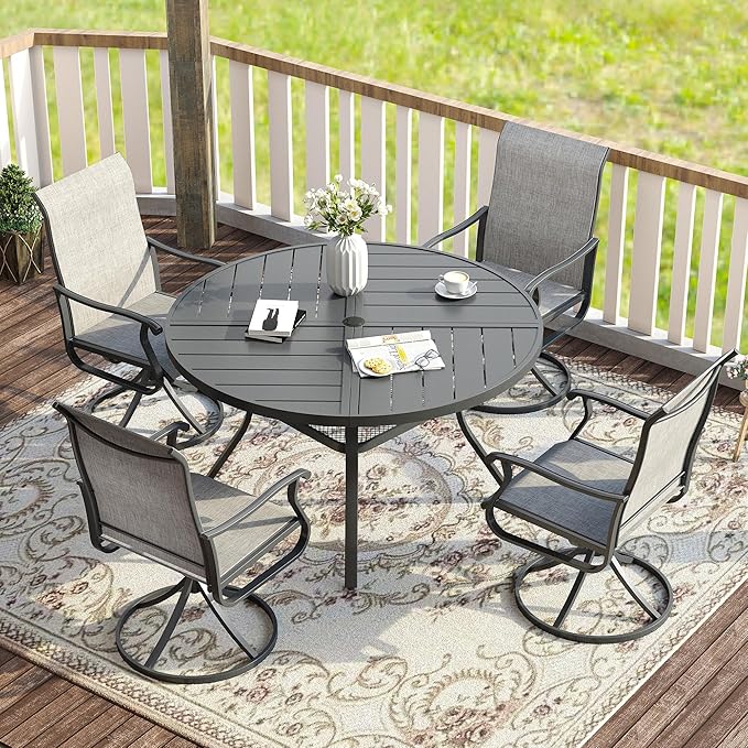 VICLLAX Round Patio Table with Adjustable Umbrella Hole for 4, All Weather Me...